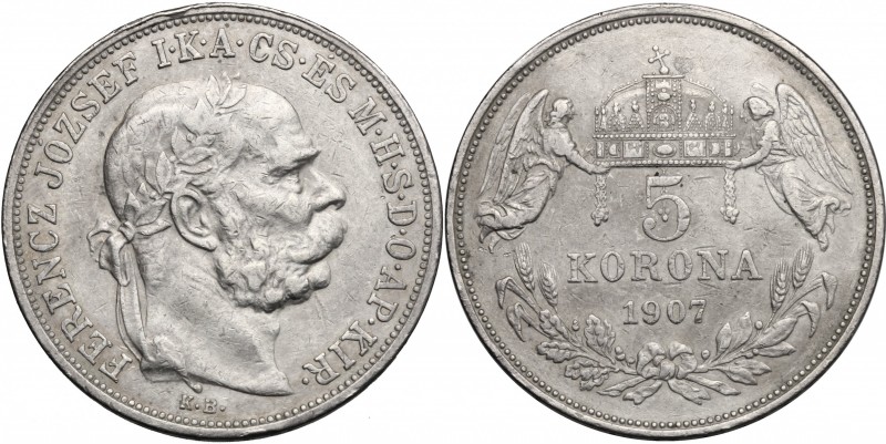 Hungary. Franz Joseph (1848-1916). AR 5 Korona KB, Kremnitz mint, 1907. KM 488. ...