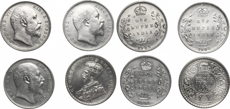 India. Edward VII (1901-1910). Lot of four (4) AR coins: Rupee 1904, 1905, 1906 ...