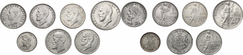 Romania. Carol I (1866-1914). Lot of seven (7) coins: 50 bani 1914, leu 1900, 19...