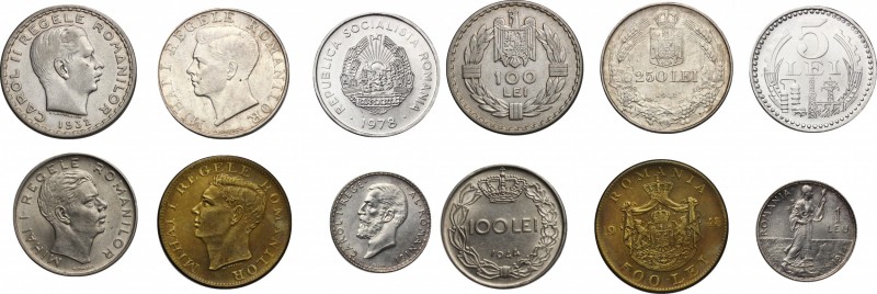 Romania. Lot of six (6) coins: leu 1914, 5 lei 1978, 100 lei 1932 and 1944, 250 ...