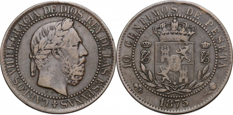 Spain. Carlos VII (1868-1909). AE 10 Centimos de Peseta 1875. C-8. AE. mm. 30.00...