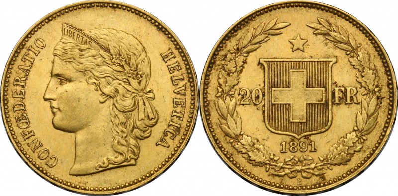 Switzerland. AV 20 Francs, 1891. KM 31.1. AV. g. 6.46 mm. 21.00 About EF.