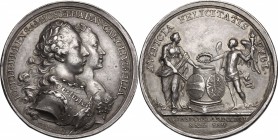 Austria. Joseph II (1765-1790). AR Medal, 1765. D/ Jugate busts of Joseph and Josepha of Bavaria right. R/ Austria and Hymen standing at the sides of ...