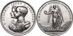 Austria. Franz Joseph (1848-1916). White metal medal, 1857. D/ Jugate busts of Franz Joseph and Elizabeth. R/ Genius standing facing, holding wreath a...