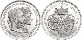 Austria. Franz Joseph (1848-1916). Tin medal, Prague, 1880. D/ Jugate heads of Franz Joseph and Elizabeth right. R/ Coats of arms; above, crown. Doneb...