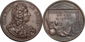 France. Charles Le Brun (1619-1690) painter and sculptor. AE Medal 1690. D/ Bust right. R/ Tomb; before, Allegory of the art painting a portrait and p...