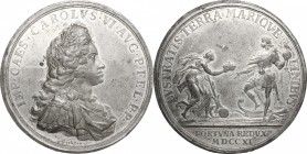 Germany. Karl VI (1711-1740). Tin Medal, 1711. D/ Bust right. R/ Emperor standing left, holding phoenix on globe and receiving the crown from Germania...