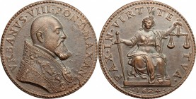 Italy. Urban VIII (1623-1644), Maffeo Barberini. AE Medal, 1623. D/ Bust right. R/ Peace seated facing, holding sword and scales. Bart. E. 624. AE. g....