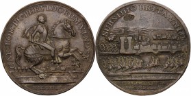 Netherlands. Charles Alexander of Lorraine (1712-1780). AE Medal, Prague, 1744. D/ The Prince on horseback right. R/ Panorama of Prague; before, troop...