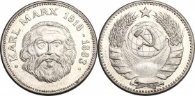 Russia. Karl Marx (1818-1883). AR Medal, 20th century. D/ Head facing. R/ Globe with sickle and hammer on it; above, star; all in wreath of corn-ears....