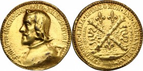 Spain. Philip IV (1621-1665). AE Medal, gilded, Spanish Netherlands, 1660. D/ Bust left. R/ Cross of Burgundy with three lilies. van Loon II, 444/2. A...