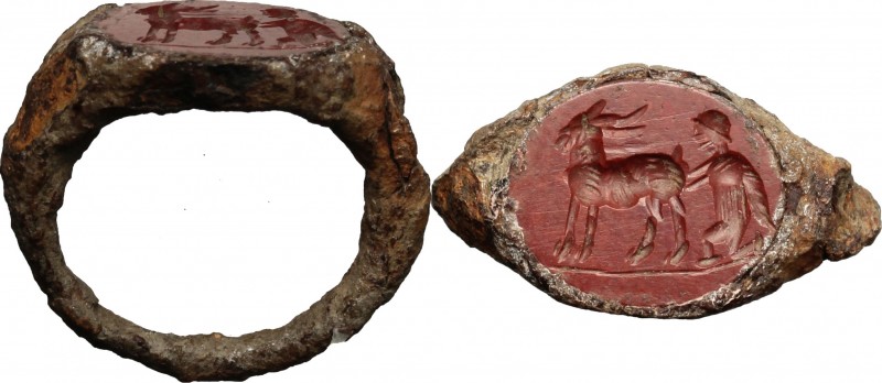 Iron ring with jasper intaglio engraved with bucolic scene (shepherd milking goa...