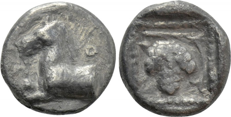 THRACE. Maroneia. Trihemiobol (Circa 398-386 BC). 

Obv: M P. 
Forepart of pr...