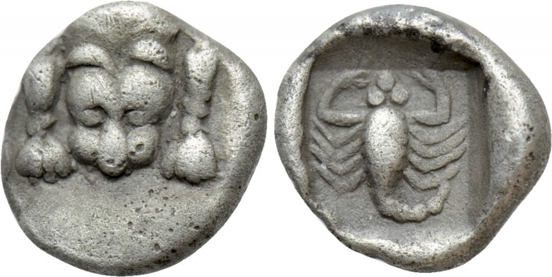 CARIA. Mylasa. Hemiobol (Circa 450-400 BC). 

Obv: Forepart of lion facing.
R...