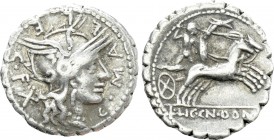 C. POBLICIUS, L. LICINIUS CRASSUS, CN. DOMITIUS AHENOBARBUS. Serrate Denarius (118 BC). Rome.