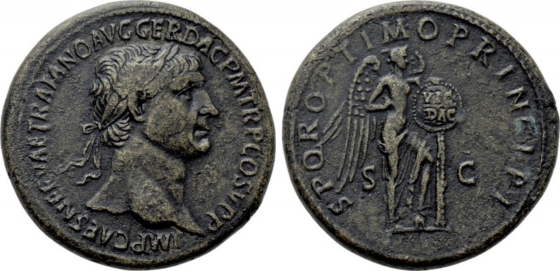 TRAJAN (98-117). Sestertius. Rome. 

Obv: IMP CAES NERVAE TRAIANO AVG GER DAC ...