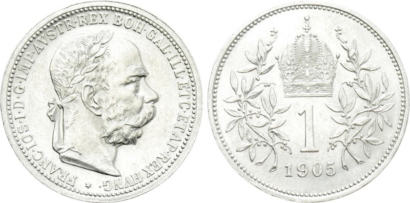 HUNGARY. Franz Joseph I (1848-1916). 1 Krone (1905). Vienna. 

Obv: FRANZ IOS ...