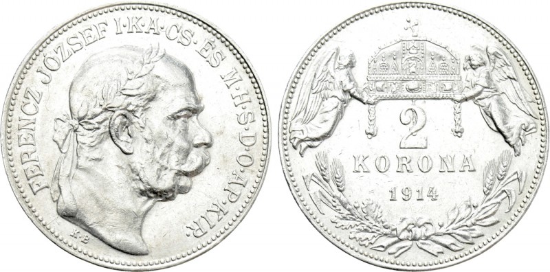 HUNGARY. Franz Joseph I (1848-1916). 2 Korona (1914-KB). Kremnitz. 

Obv: FERE...