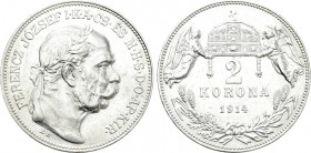 HUNGARY. Franz Joseph I (1848-1916). 2  Korona (1914-KB). Kremnitz.