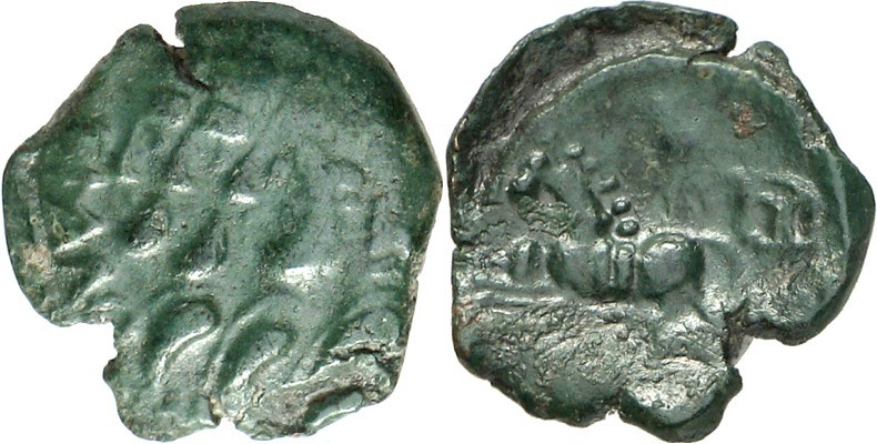 GALLIEN. 
REMI (um Reims). 
AE-Quadrans 16mm (50/20 v.Chr.) 2,24g. 3&nbsp;Köpf...