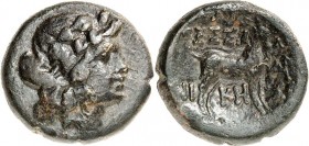 MAKEDONIEN. 
THESSALONIKE (Saloniki). 
AE-Tetrachalkon 20mm (187/31 v.Chr.) 7,68g. Dionysoskopf n.r. / QESSA-L[O]-NI-KH-S Ziegenbock steht n.r.; obe...
