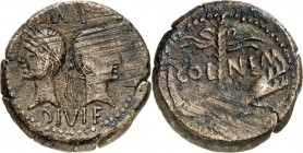 GALLIEN. 
NEMAUSUS. 
Augustus und Agrippa. AE-As 27mm (seit 27 v.Chr.) 15,1g, gallischer Beischlag. Augustuskopf n.r., l. Agrippakopf m. Schiffskron...
