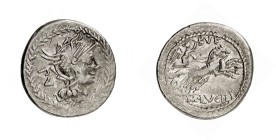 RÖMISCHE REPUBLIK : Silbermünzen. 
Marcus Lucilius Rufus 101 v. Chr. Denar 3,81g. Romakopf im Lorbeerkranz; l.&nbsp;PV&nbsp;/ M. LVCILI&nbsp;- RVF Vi...
