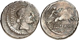 RÖMISCHE REPUBLIK : Silbermünzen. 
L. Flaminius Chilo 43 v. Chr. Denar 3,87g. Kopf der Venus n. r. , dahinter IIII. VIR - davor PRI. FL (primus flavi...