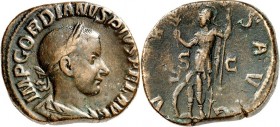 RÖMISCHES KAISERREICH. 
GORDIANUS III. Augustus 238-244. AE-Sesterz (240) 18,56g. Paludamentbüste m. Lkr. n.r. IMP GORDIANVS PIVS FEL AVG&nbsp;/ V[I]...