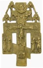 IKONEN aus Metall. 
RUSSLAND. 
Kreuz-Ikonen. Hauskreuz Erweitertes Patriarchenkreuz; im Zentrum Kruzifix über Totenkopf; seitlich Maria, Martha, Joh...