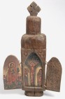 KLAPPALTARE. 
ÄTHIOPIEN. 
Klappaltar aus Holz. Stehaltar, frühes 20. Jahrhundert. Auf Innensäule gemalte Darstellungen mit biblischen Themen, ebenso...
