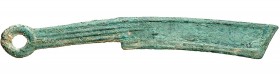 ASIEN.
CHINA - Zhou-Dynastie 1122-256 v.Chr. Cu-Messermünze ca. 400 - 250 v. Chr. L.140mm x 20mm 16g. Coole&nbsp; 5359&nbsp;var. .

grüne Patina ss...