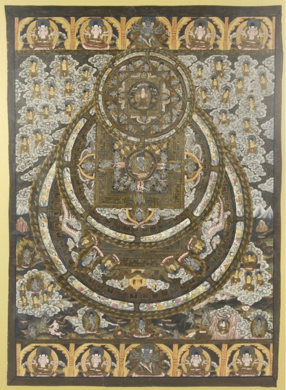 ASIEN. 
NEPAL. Tangka. 2.Hälfte 20. Jh. Mandala, 3-fach Kreis 48 x 69cm, auf Se...