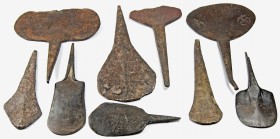 AFRIKA. 
AFRIKANISCHES EISENGELD. Eisengeldformen aus Südafrika, 9 verschiedene Blätter, L.20,5cm 318g, 26cm 619g, 23cm 475g, 21,5cm 442g, 25cm 506g,...