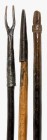 AFRIKANA. 
ÄTHIOPIEN. 
3 Hirtenstäbe von Bettel- bzw. Wandermönchen, 2. Hälfte 19. Jh. (1850-1875), 2 mit aufgestzten Eisenspitzen, auf langen polie...