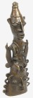 AFRIKANA. 
BENIN. 
Glocke mit plastischem Gesicht, seitlich Zackenrand, darüber sitzender Krieger mit Helm, Bronzeguss, H.25cm 850g. .