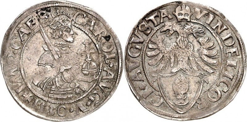 Augsburg-Stadt. 
z.Z. Karl V. 1519-1556. 10 Kreuzer 1530 Gekr. Doppeladler über...