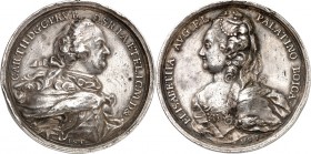Bayern. 
Karl Theodor 1777-1799. Medaille o.J.(um1778) (v.Jos. Scheuffel) auf den Regierungsantritt in Bayern. Brustbild m.Hermelin n.r ./ seine 1. G...