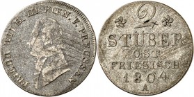 Brandenburg-Preussen. 
Friedrich Wilhelm III. 1797-1806(-1840). 2 Stüber ostfriesisch 1804&nbsp;A, Berlin. J.&nbsp; 8, Neum.&nbsp; 31. . 

s/ss