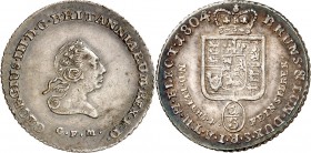 Braunschweig-Calenberg-Hannover. 
Georg III. 1760-1806(-1820). 1/3 Taler Reichsfuß Feinsilber 1804 G&nbsp;F&nbsp;M. Kopf n.r. / Bekr. Wappenschild, W...