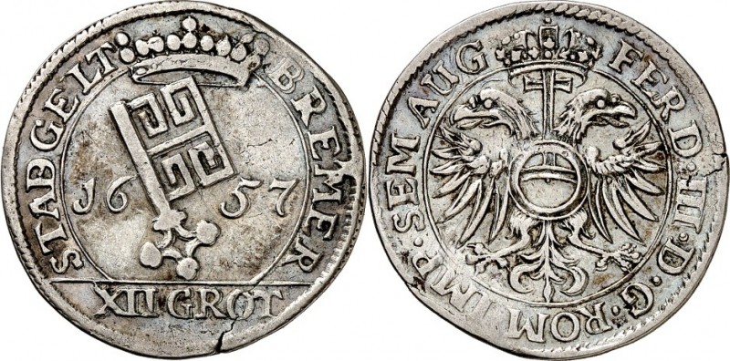 Bremen-Stadt. 
z.Z. Ferdinand III. 1637-1657. 12&nbsp;Grote 1657 Krone über Sta...