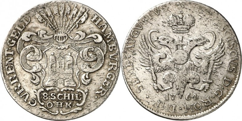 Hamburg-Stadt. 
z.Z. Franz I. 1745-1765. 8 Schilling 1764 O.H.K. Behelmtes Wapp...