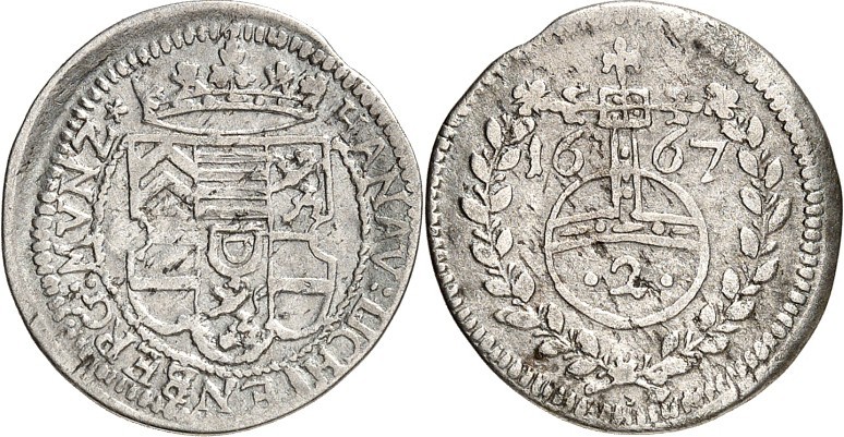 Hanau-Lichtenberg. 
Friedrich Kasimir 1641-1685. 2&nbsp;Kreuzer 1667 Hanau. Gek...