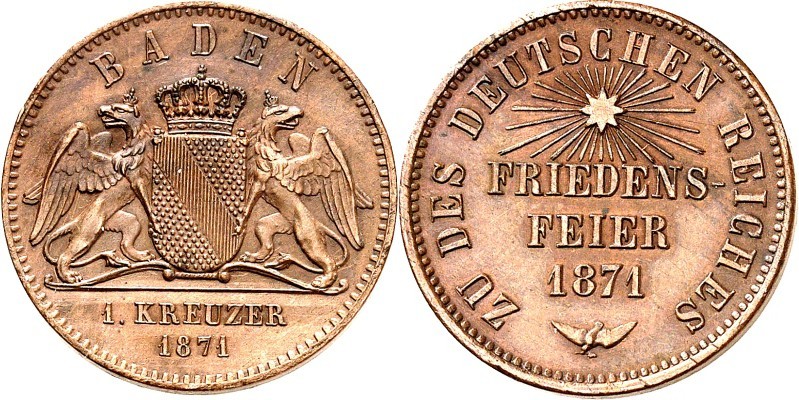 Baden. 
Friedrich I. 1856-1907. Cu-"Kreuzer" 1871 Friedensfeier - 1 Kreuzer. AK...