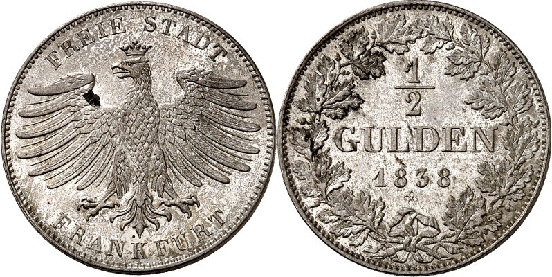 Frankfurt. 
1/2 Gulden 1838. AKS&nbsp; 15, J.&nbsp; 21. . 

kl. Fleck,vz-St