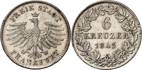 Frankfurt. 
6 Kreuzer 1843. AKS&nbsp; 18, J.&nbsp; 20. . 

l.Rf.,ss