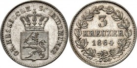 Hessen-Darmstadt. 
Ludwig III. 1848-1877. 3 Kreuzer 1864. AKS&nbsp; 128, J.&nbsp; 57. . 

ss-vz