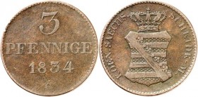 Sachsen, Königreich. 
Anton 1827-1836. Cu-3&nbsp;Pfennige 1834&nbsp;G. AKS&nbsp; 79, J.&nbsp; 48. . 

ss