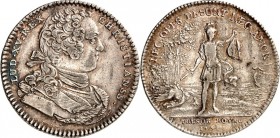 EUROPA. 
FRANKREICH. 
Louis XV. 1715-1774. Jeton 1734 (v. J.C. Roettiers) d. Kgl. Schatzamtes TRESOR ROYAL. Brb. d. Königs im Harnisch n.r. // HEC O...