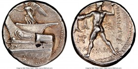 MACEDONIAN KINGDOM. Demetrius I Poliorcetes (306-283 BC). AR tetradrachm (25mm, 17.10 gm, 12h). NGC XF 4/5 - 3/5. Ephesus, ca. 301-295 BC. Nike, blowi...